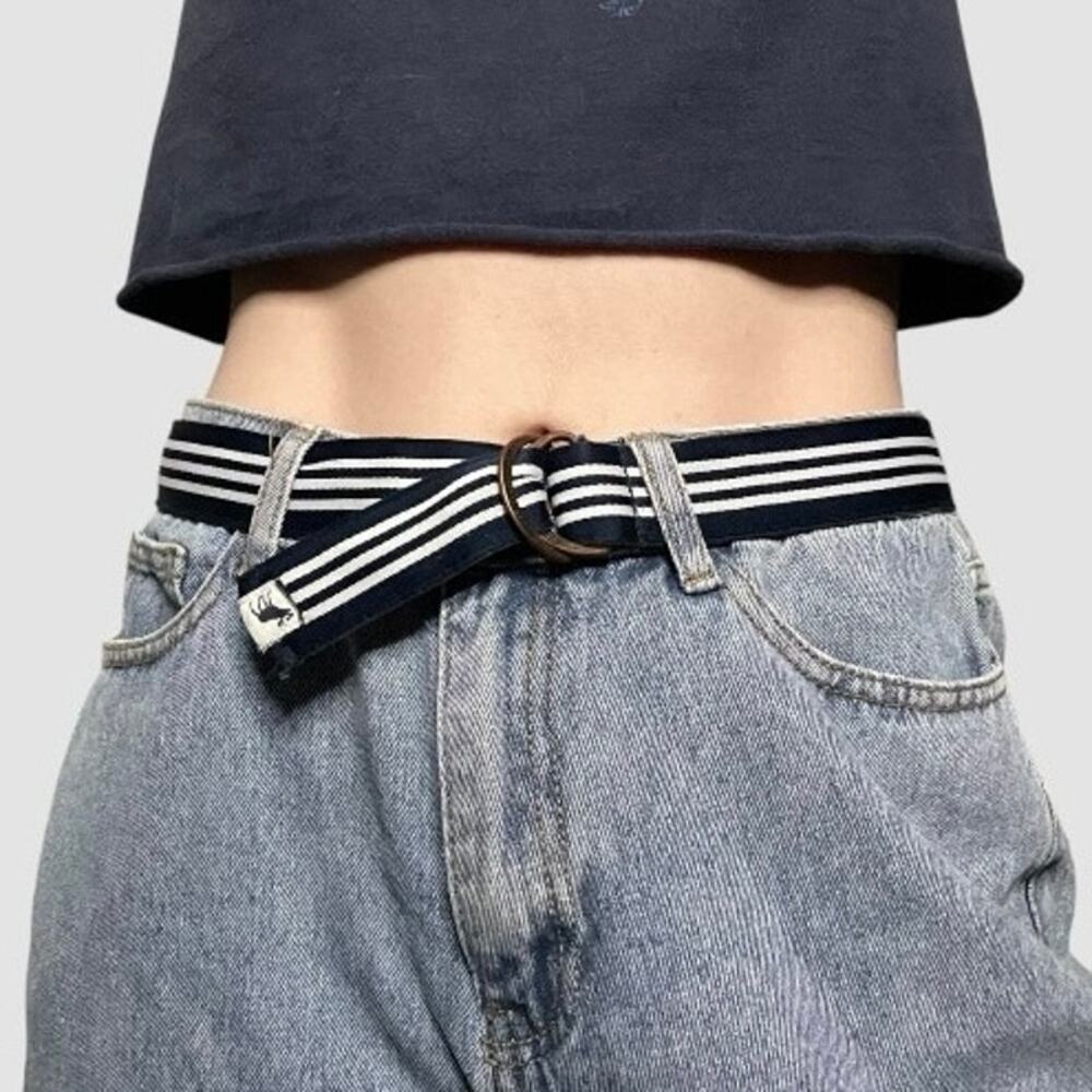 Abercrombie & Fitch Navy Blue + White Striped D-Ring Canvas Belt